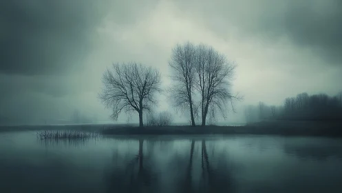Twin winter trees mirrored on misty lakeside at dusk.