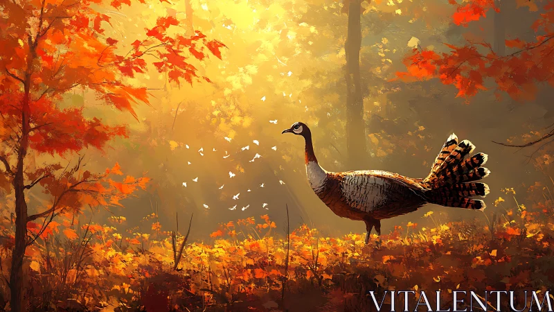 Autumn forest pheasant struts through molten gold sunlight.