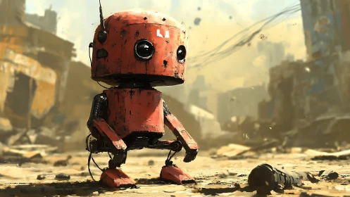 Post-apocalyptic red utility robot in desolate urban ruins.
