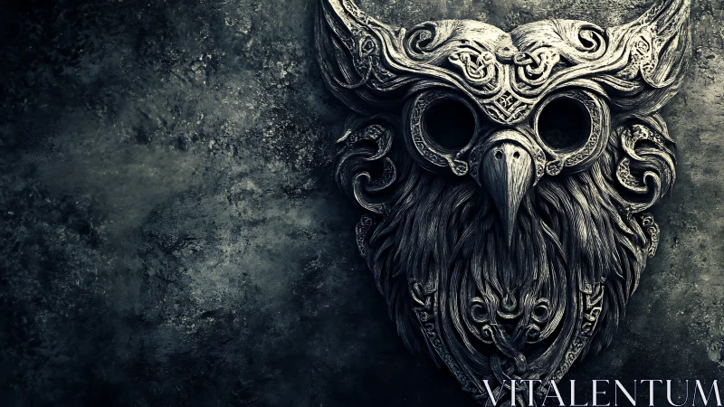 Ornate stone owl mask with gothic filigree on dark wall.