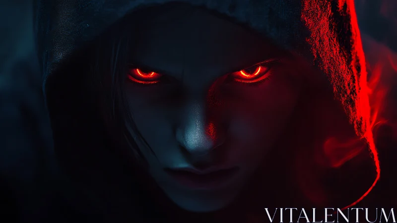 Hooded face with glowing red eyes rendered in low key lighting