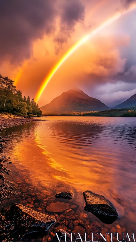 Spectral arc over volcanic lake under incandescent storm sky.