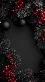 Black background frames dark pine wreath with red berries