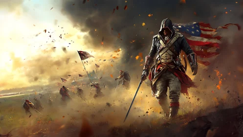Hooded swordsman advancing with soldiers and U.S. flag.