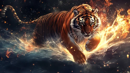 Fiery tiger strides through glowing water with unstoppable power