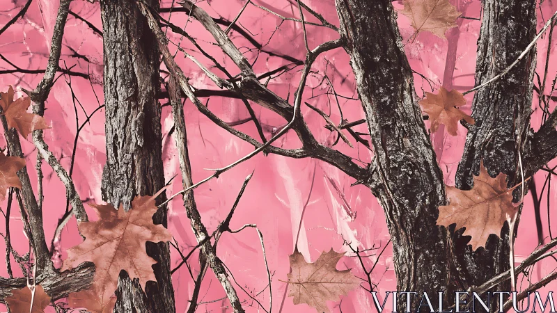 Pink forest daydream with tangled branches and quiet leaves.