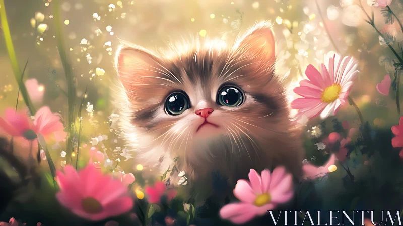 Kitten in Floral Setting with Atmospheric Light Effects
