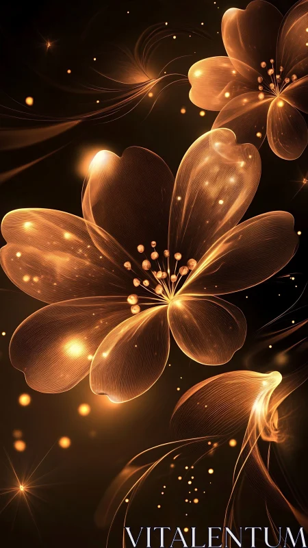 Luminescent floral filigree in golden digital painting composition.