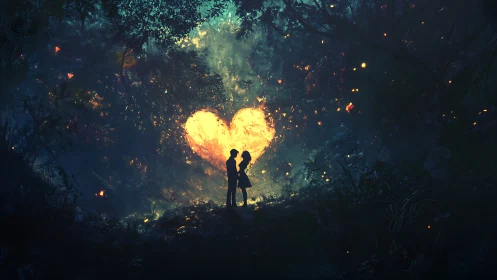 Two Silhouettes Embrace Against Fiery Heart Light.