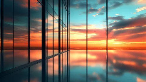 Minimalist glass facade with panoramic sunset reflections.