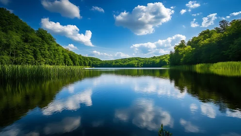 Calm forest lake with clouds reflected on water surface.