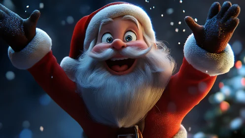 Cheerful cartoon Santa in snowy festive evening scene.