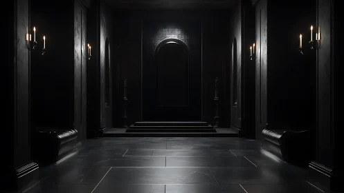 Candlelit black marble corridor with symmetrical gothic staging
