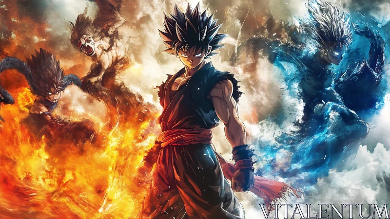 Anime elemental warrior in bilateral fire and ice composition.