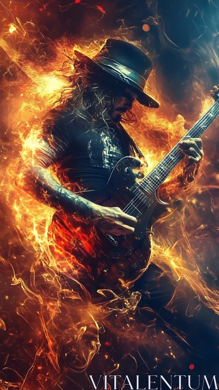 Rock guitarist in fiery abstract digital composition.