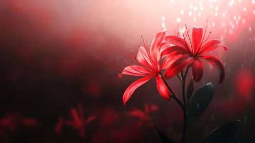 Red Lilies Backlit Against Gradient Sky.