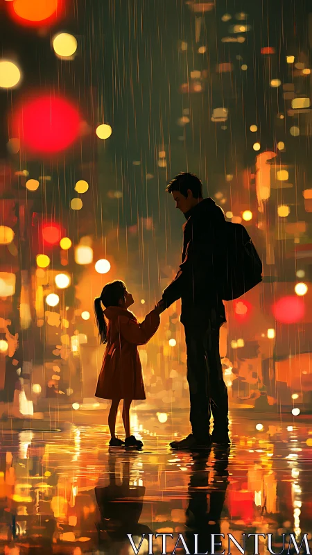 Parent and child in rainy city with warm street lights.