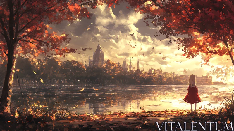 Girl in red dress facing autumn city across lake at dusk.