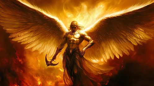 Radiant winged warrior emerges from infernal blaze with dynamic bloom