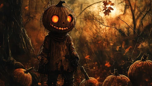 Pumpkin-headed scarecrow glows ominously in haunted forest night
