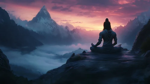 Digital painting of meditative deity over misty mountain vista.