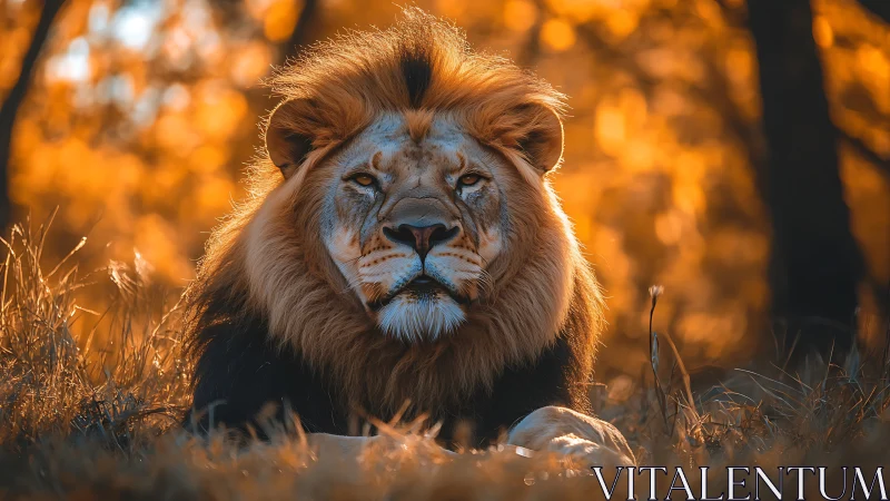 Majestic lion rests in golden sunset grassland tranquility