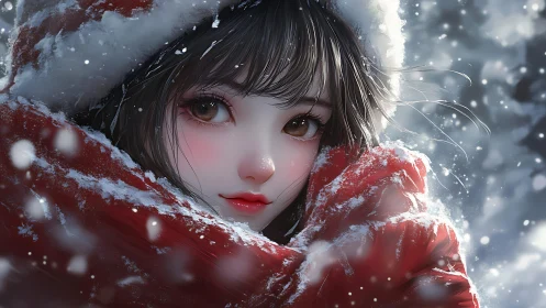 Anime winter portrait in close-up, soft-focus snowfield framing.