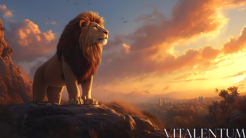 Majestic lion surveys sunlit savanna at dramatic sunrise.