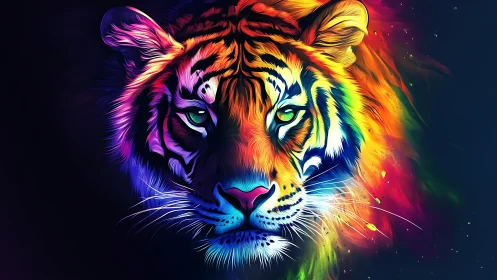 Tiger face rendered in saturated multicolor digital painting