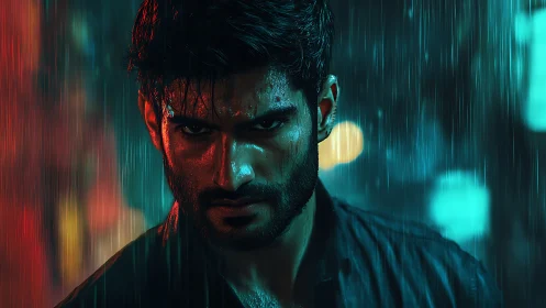 Intense male portrait in neon rain with strong rim lighting