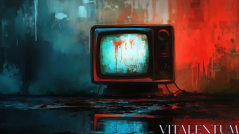 Retro CRT television glows in cyan and red abstract haze.