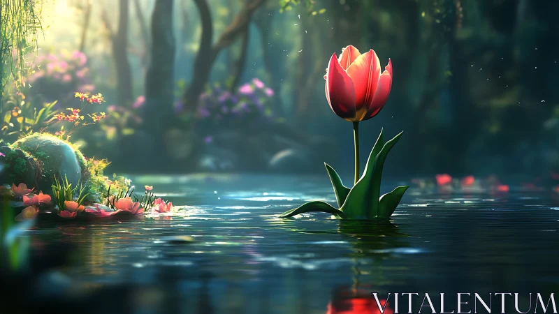 Single tulip emerging from reflective forest pond surface.