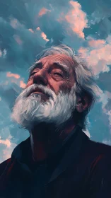 Elderly man with white beard under glowing sunset clouds.