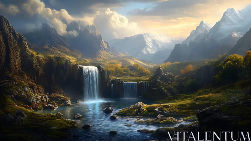 Mountain valley waterfall under soft evening light.