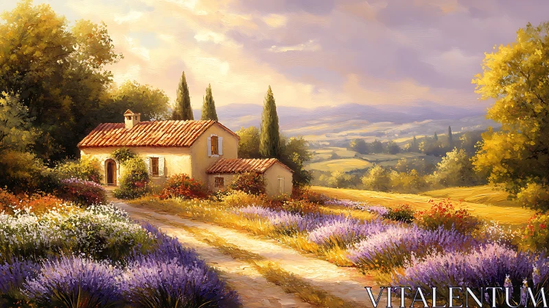 Country cottage with lavender fields in golden sunset light.