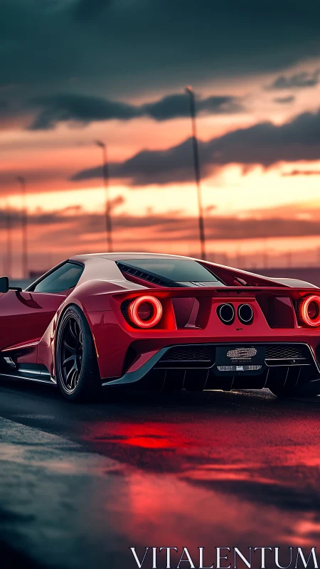 Red mid‑engine supercar rear view on wet asphalt at sunset