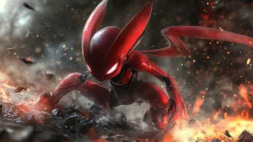 Red cybernetic warrior lands in a storm of fire and debris