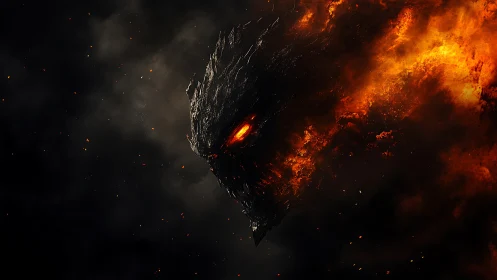Demonic molten face forms from fire against dark background