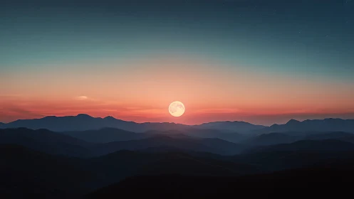 Lunar alignment over stratified mountain ridges at twilight.