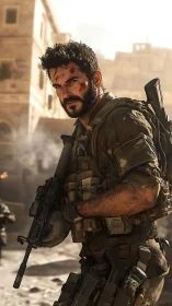 Battle-scarred soldier stalks sunlit urban warzone streets.