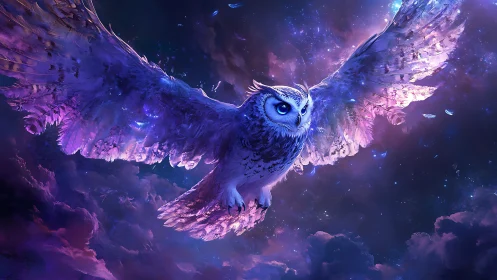 Majestic Owl Soaring Through Dreamy Night Sky in Fantasy Art.