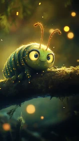 Glowing caterpillar character on mossy branch at dusk.