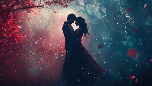 Two souls kiss within cascading crimson fire and teal dreamscape