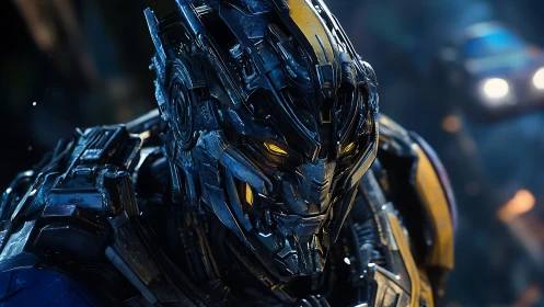 Cybernetic warrior portrait with yellow illuminated optics.