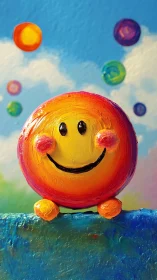 Cheerful painted smiley under a bright, playful sky.