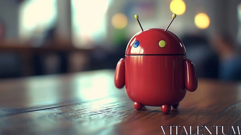 Red glossy toy robot stands on wooden table indoors