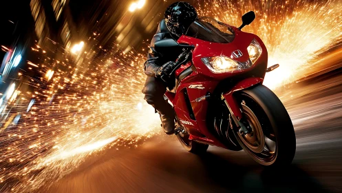 Scarlet superbike slices night streets in a shower of sparks.