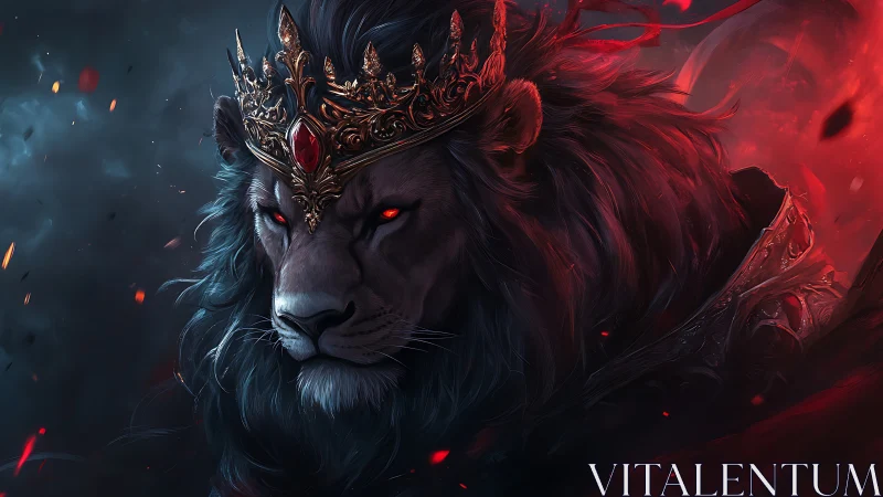Regal lion king glowing with fiery midnight power.
