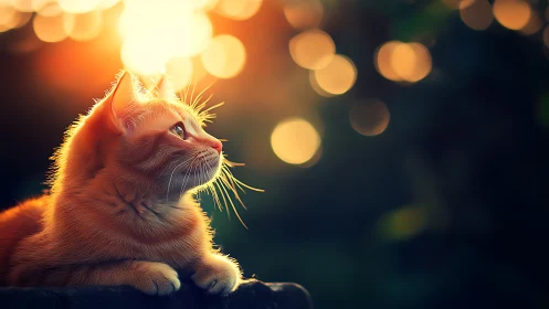 Orange cat bathed in warm golden light gazes upward.