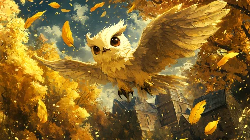 Golden owl gliding over autumn forest and village.